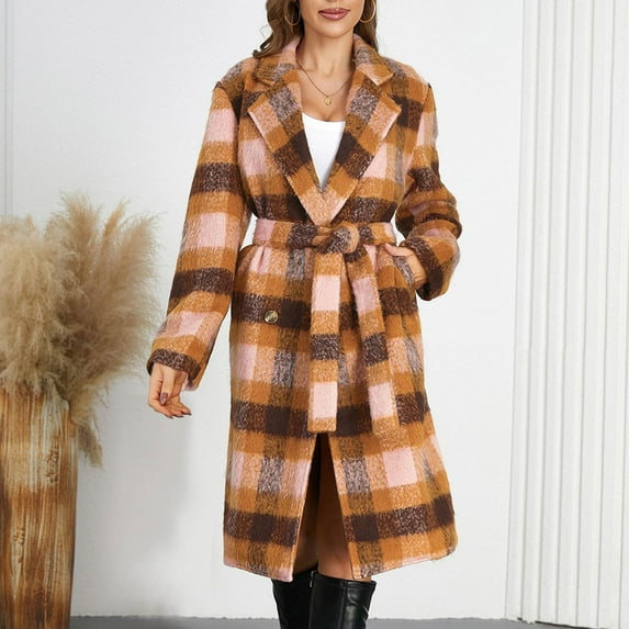 DailyTrove Women's Plaid Belted Long Coat - Multi-Color Options, Winter Warm, Casual Daily & Office Outerwear