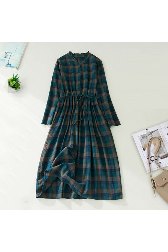 Women's Plaid Belted Long Sleeve Dress - Multi-Color Options, Casual Daily & Office Outerwear