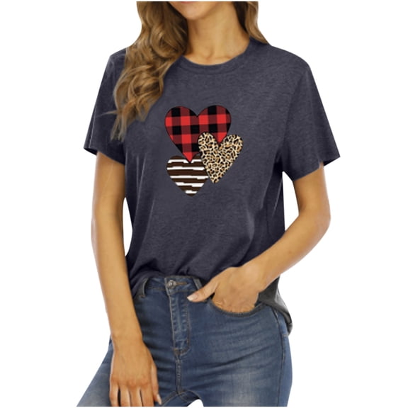 DailyTrove Women's Plaid Heart Graphic T-Shirt - Short Sleeve Casual Tee, Preppy for Valentine's & Daily