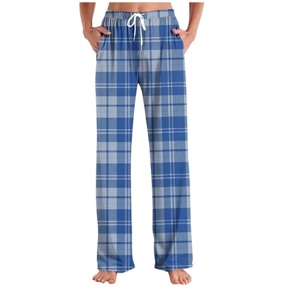 DailyTrove Women's Plaid Print High Waisted Pants - Elastic Waist Casual Trousers with Pockets for Fall & Winter