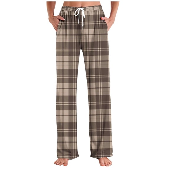 DailyTrove Women's Plaid Print High Waisted Pants - Elastic Waist Casual Trousers with Pockets for Fall & Winter