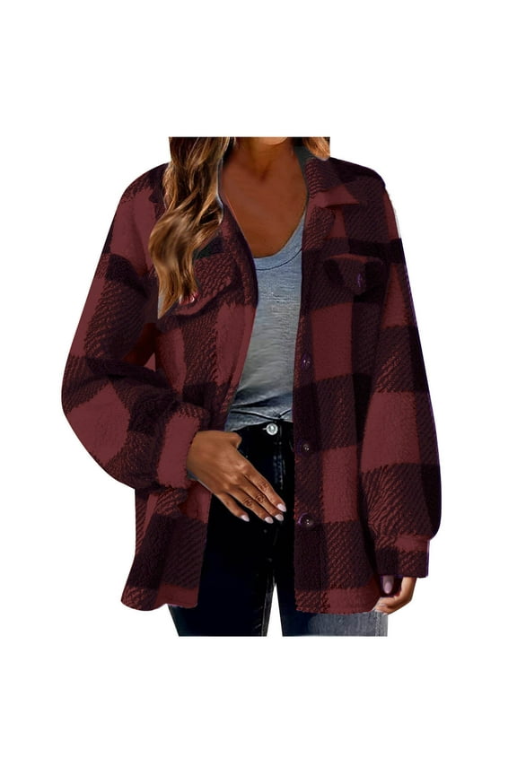 Women's Plaid Sherpa-Lined Jacket - Fleece Lined Outerwear, Warm for Cold Weather