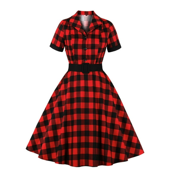 DailyTrove Women's Plaid Swing Dress-Short Sleeve-Fit & Flare-Cotton Blend-for Casual Weekend/Theme Event-Classic Plaid Pattern