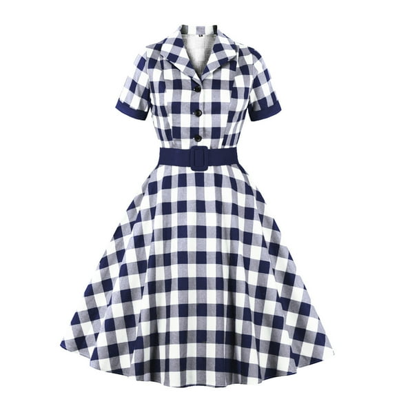 DailyTrove Women's Plaid Swing Dress-Short Sleeve-Fit & Flare-Cotton Blend-for Casual Weekend/Theme Event-Classic Plaid Pattern