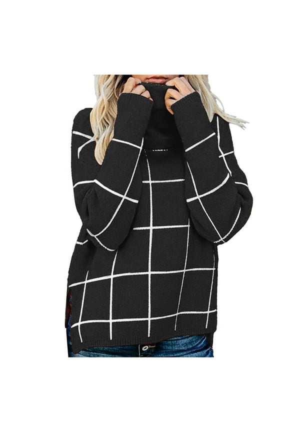Women's Plaid Turtleneck Top, Long Sleeve, Winter Casual & Office Wear, Warm Cotton Blend, Plus Size Friendly