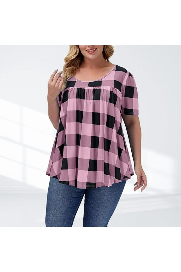 Women's Plus Size Buffalo Plaid Short-Sleeve Top, Casual Outerwear for Summer Daily Wear & Weekend Gatherings for women