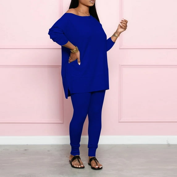 DailyTrove Women's Plus Size Long Sleeve Top & Pant Set - Solid Color, Loose Fit, Casual Daily & Home Wear,Blue