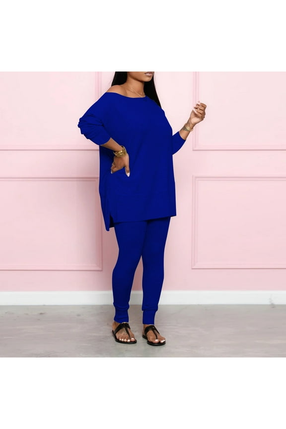 Women's Plus Size Long Sleeve Top & Pant Set - Solid Color, Loose Fit, Casual Daily & Home Wear,Blue