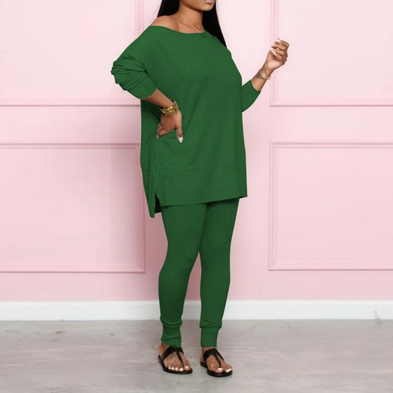 DailyTrove Women's Plus Size Long Sleeve Top & Pant Set - Solid Color, Loose Fit, Casual Daily & Home Wear,Green