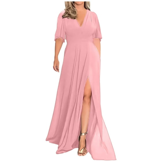 DailyTrove Women's Plus Size Split Maxi Dress-Short Sleeve-High-Slit-Polyester Blend-for Beach Vacation/Party-Flowy Plus Size