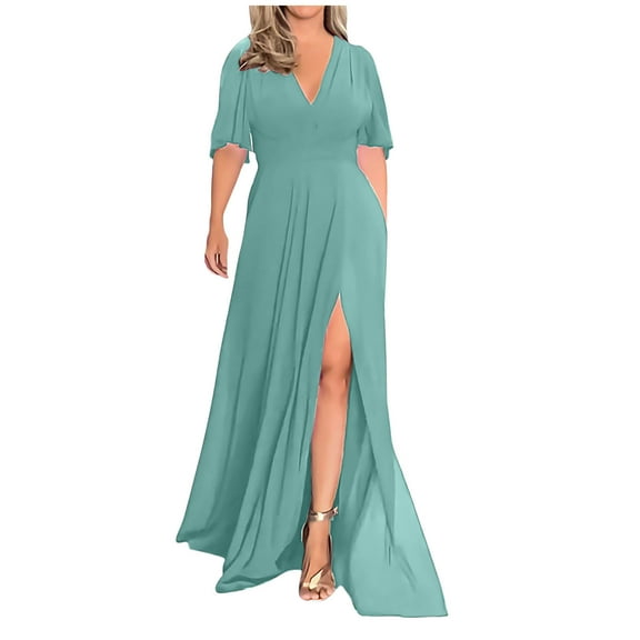 DailyTrove Women's Plus Size Split Maxi Dress-Short Sleeve-High-Slit-Polyester Blend-for Beach Vacation/Party-Flowy Plus Size