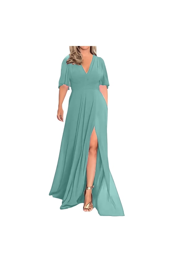Women's Plus Size Split Maxi Dress-Short Sleeve-High-Slit-Polyester Blend-for Beach Vacation/Party-Flowy Plus Size