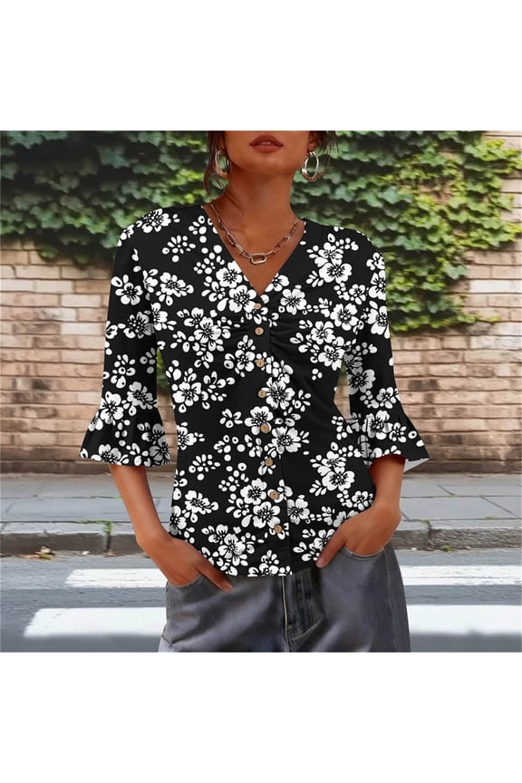 Women's Polka Dot Print Loose V-Neck Tunic Top - Flowy Casual Vacation & Everyday Wear