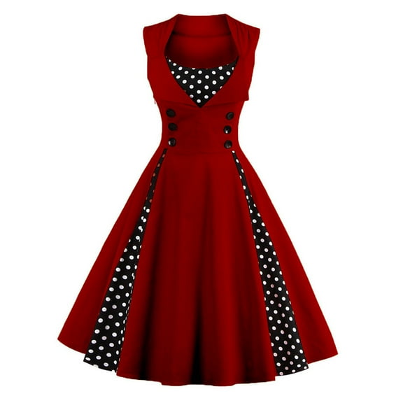 DailyTrove Women's Polka Dot Swing Dress-Sleeveless-Button-Front-Cotton-for Retro Event/Casual Date-Vintage Polka Dot Pattern