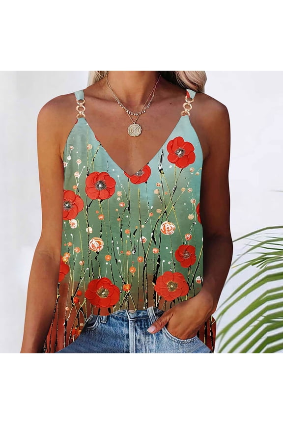 Women's Poppy Floral Fringe Cami Tank - Spaghetti Strap Casual Top, Boho for Picnics & Gatherings