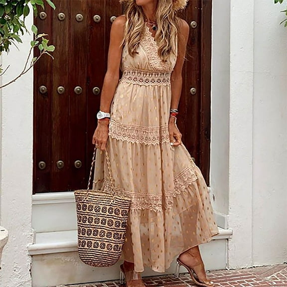 DailyTrove Women's Printed Maxi Dress-Short Sleeve-High-Waisted-Rayon-for Tropical Vacation/Casual Gathering-Boho Print