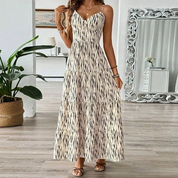 DailyTrove Women's Printed Maxi Dress-Spaghetti Strap-High-Waisted-Rayon-for Casual Weekend/Outdoor Picnic-Boho Printed Style