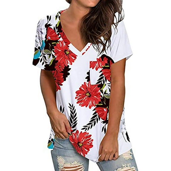 DailyTrove Women's Red Floral Print V-Neck Short Sleeve Tunic - Casual Loose Top, Vibrant for Beach & Summer