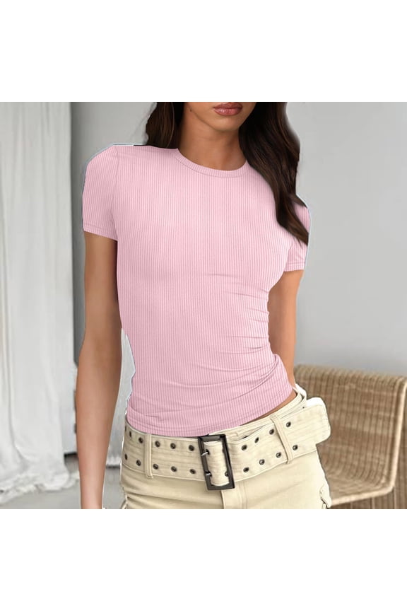 Women's Ribbed Knit Fitted Short Sleeve Top - Casual Basic Tee, Slim for Gym & Everyday
