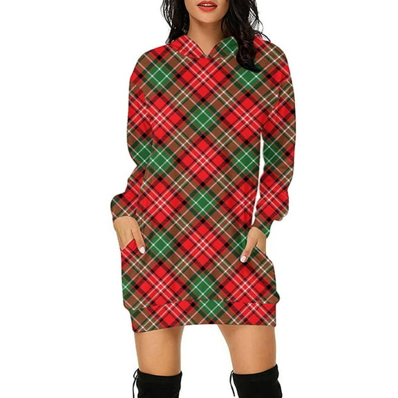 DailyTrove Women's Round Neck Long-Sleeve Christmas Plaid (Snowflake & Reindeer) Mini Dress, Festive Outerwear for Christmas Gatherings & Holiday Celebrations