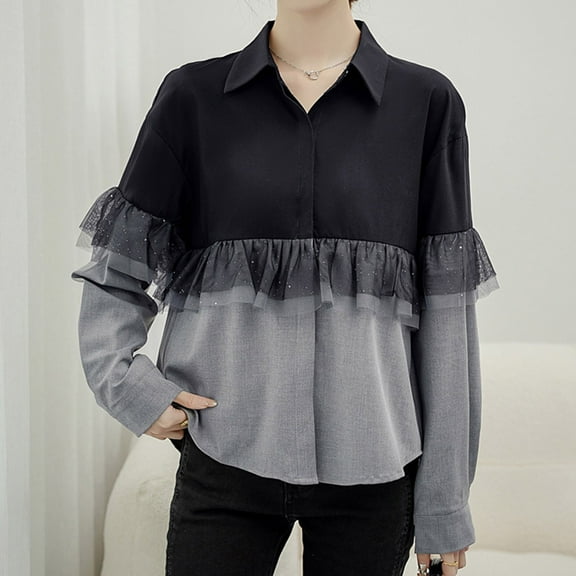 DailyTrove Women's Ruffle-Trimmed Patchwork Blouse, Long Sleeve, Formal Office & Evening Wear, Durable Polyester Blend, Slim Fit, Plus Size Friendly