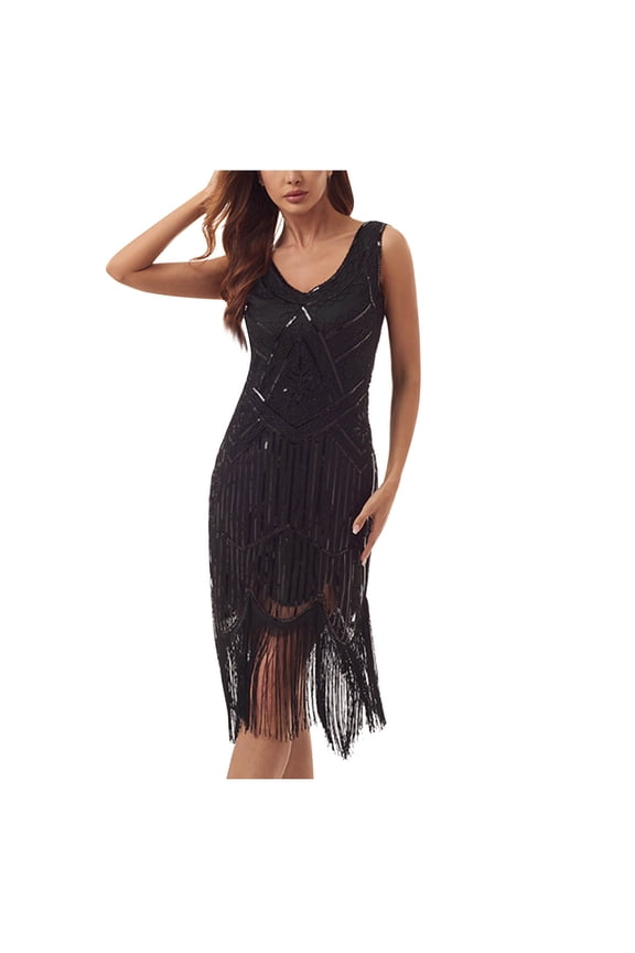 Women's Sequin Fringe Flapper Dress-Sleeveless-Midi-Polyester-for 1920s Party/Costume Event-Sparkly Fringe