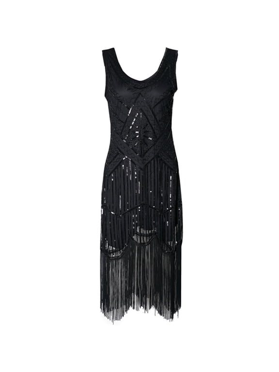 Women's Sequin Fringe Flapper Dress-Sleeveless-Midi-Polyester-for 1920s Party/Costume Event-Vintage Sequin Fringe
