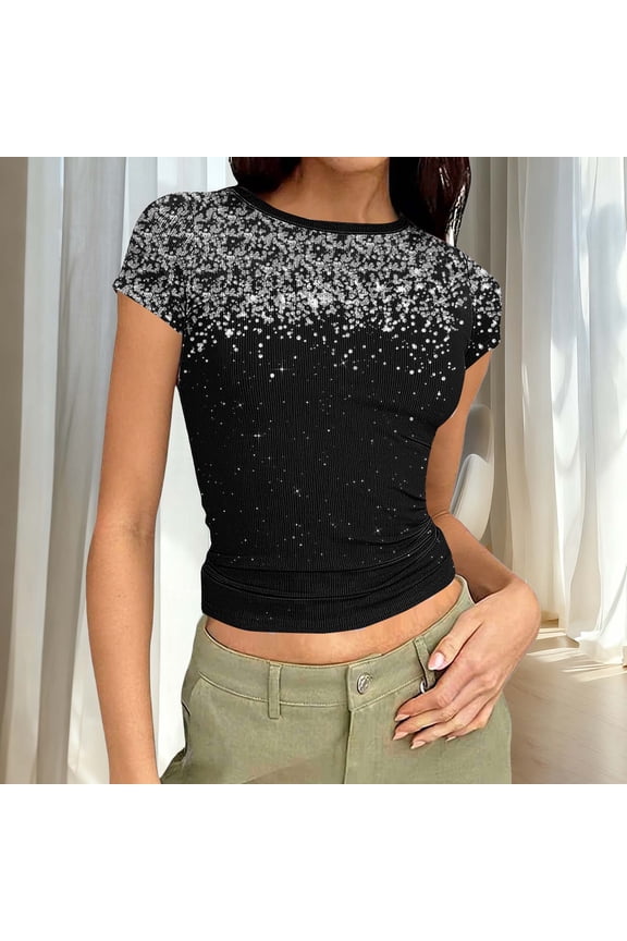 Women's Sequin Panel Crew Neck Short-Sleeve Top - Glamorous Festival & Date Night Casual Wear