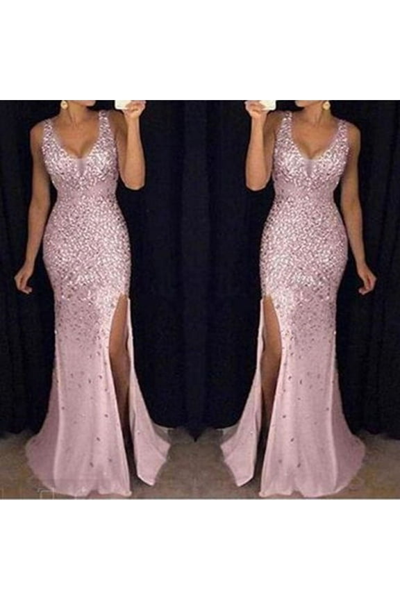 Women's Sequin Slit Dress-V-Neck-Midi-For Cocktail Event-Blush Sparkle