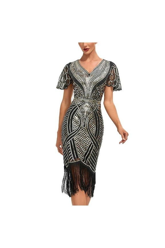 Women's Short Sleeve Art Deco Dress, Asymmetric Hem, Retro Event & Casual Wear, Edgy Fit