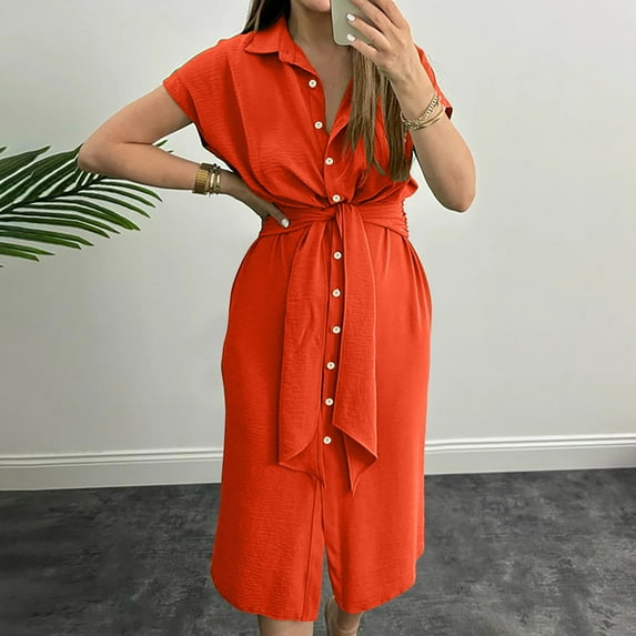 DailyTrove Women's Short Sleeve Button-Front Midi Dress, Solid Color, Summer Casual & Work Wear, Flattering Fit