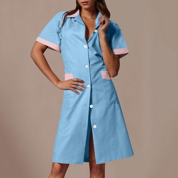 DailyTrove Women's Short Sleeve Collared Button Front Nurse Dress, Practical Outerwear for Medical Work Casual Errands