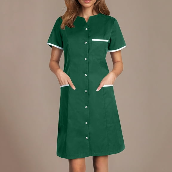 DailyTrove Women's Short Sleeve Collared Button Front Nurse Dress, Professional Outerwear for Medical Settings Daily Wear