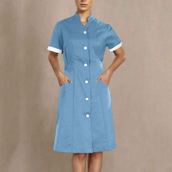 DailyTrove Women's Short Sleeve Collared Button Front Nurse Dress, Professional Outerwear for Medical Work Daily Wear