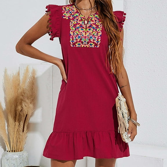 DailyTrove Women's Short Sleeve Embroidered Midi Dress, Ruffle Hem, Summer Casual & Festival Wear, Boho Fit