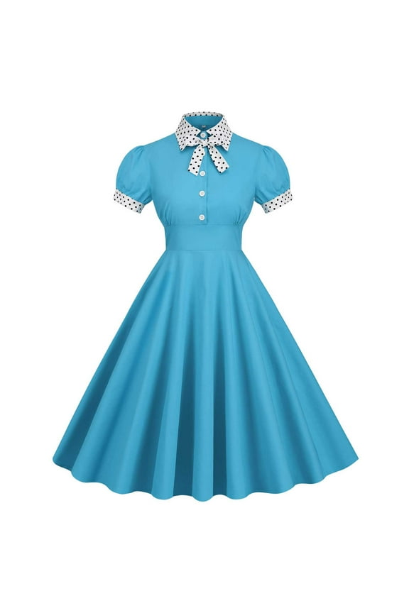 Women's Short Sleeve Fit-Flare Dress, Contrast Collar, Retro & Casual Wear, Classic Fit