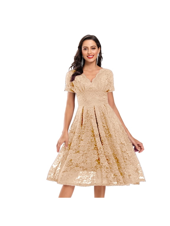 Women's Short Sleeve Lace Dress-A-Line-Knee-Length-Polyester Blend-for Wedding Guest/Party-Elegant Lace Overlay