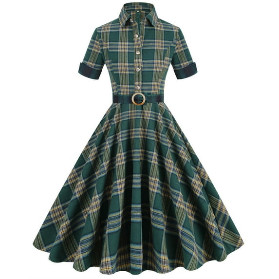 DailyTrove Women's Short Sleeve Plaid Fit-Flare Dress, Belted Waist, Retro & Formal Wear, Timeless Fit