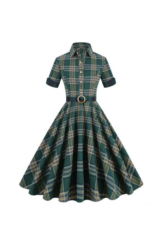 Women's Short Sleeve Plaid Fit-Flare Dress, Belted Waist, Retro & Formal Wear, Timeless Fit