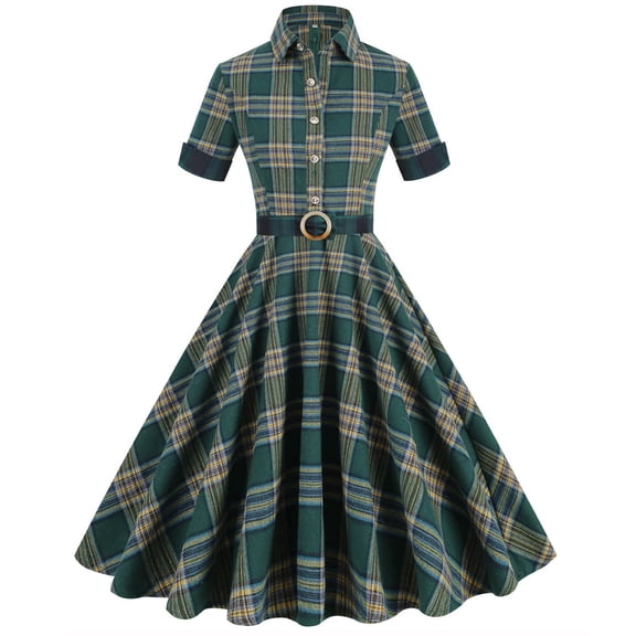 DailyTrove Women's Short Sleeve Plaid Fit-Flare Dress, Belted Waist, Retro & Formal Wear, Timeless Fit