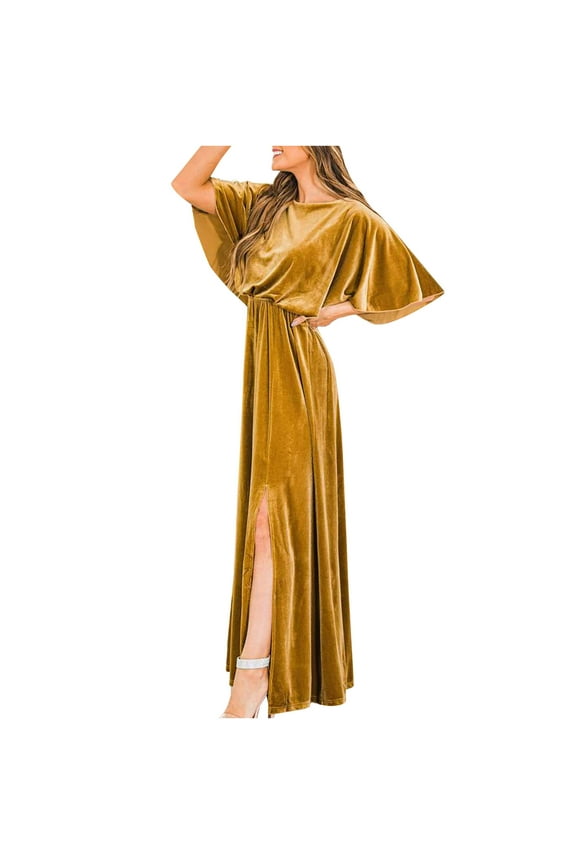 Women's Short Sleeve Split Maxi Dress, Solid Color, Year-Round Casual & Trendy Wear, Edgy Fit