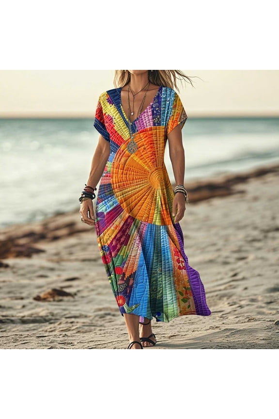 Women's Short Sleeve V Neck Tropical Print Maxi Dress, Vibrant Outerwear for Summer Beach Getaways Resort Wear