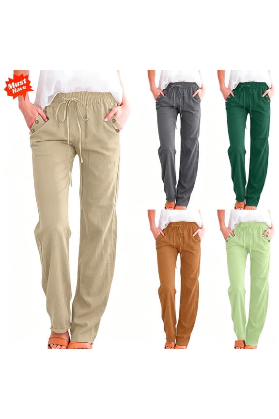 Women's Side Button Drawstring Pants, Elastic Waist Straight Leg Trousers