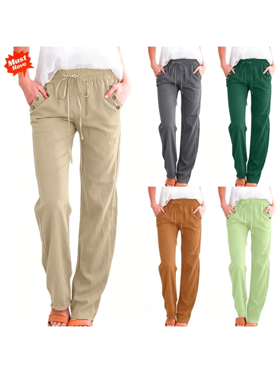 Women's Side Button Drawstring Pants, Elastic Waist Straight Leg Trousers