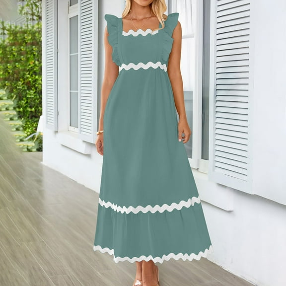 DailyTrove Women's Solid Color Square Neck Maxi Dress, Short Sleeve, Casual Garden & Brunch Wear, Lightweight Cotton Blend, Fit & Flare, Contrast Trim