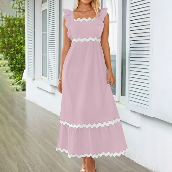 DailyTrove Women's Solid Color Square Neck Maxi Dress, Short Sleeve, Casual Garden & Brunch Wear, Lightweight Cotton Blend, Fit & Flare, Contrast Trim