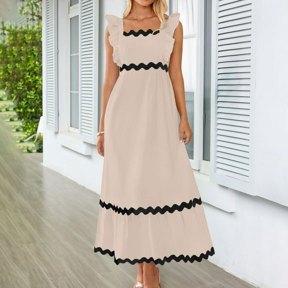 DailyTrove Women's Solid Color Square Neck Maxi Dress, Short Sleeve, Casual Garden & Brunch Wear, Lightweight Cotton Blend, Fit & Flare, Contrast Trim