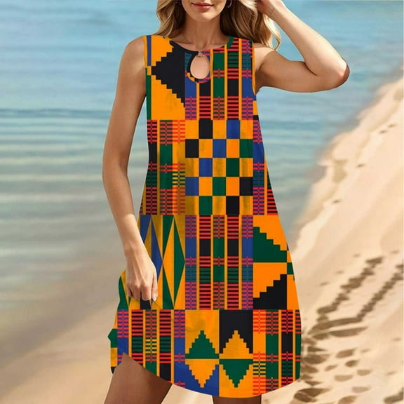 DailyTrove Women's Sleeveless Geometric Print Midi Dress, Bold Pattern, Beach & Festival Wear, Edgy Fit