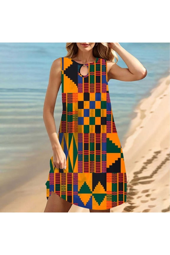 Women's Sleeveless Geometric Print Midi Dress, Bold Pattern, Beach & Festival Wear, Edgy Fit