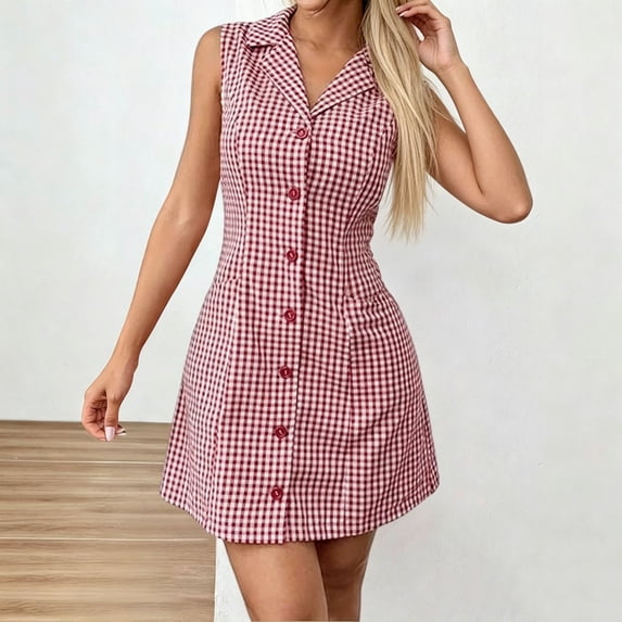DailyTrove Women's Sleeveless Gingham Plaid Shirt Dress with Tie Waist, Preppy Style
